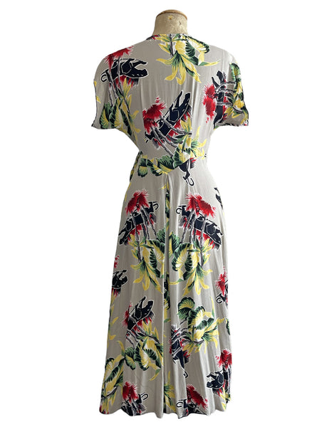 Grey Panther Print Tropical 1940s Style Cascade Wrap Dress