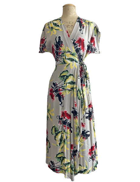Grey Panther Print Tropical 1940s Style Cascade Wrap Dress