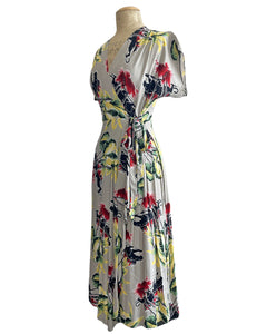 Grey Panther Print Tropical 1940s Style Cascade Wrap Dress