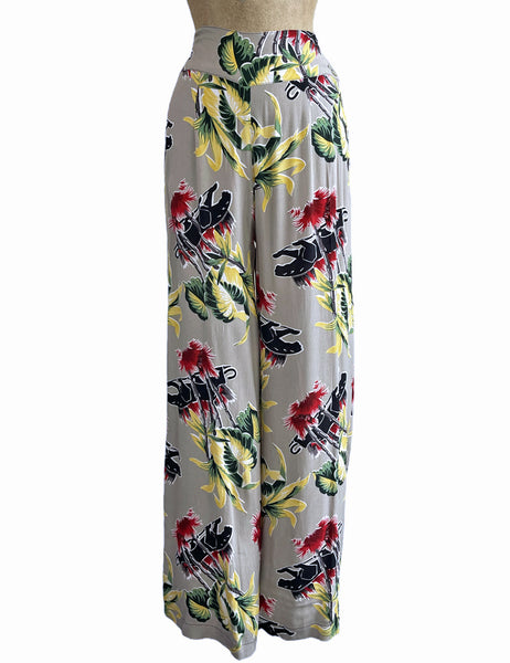 Grey 1940s Panther Print Style High Waisted Palazzo Pants