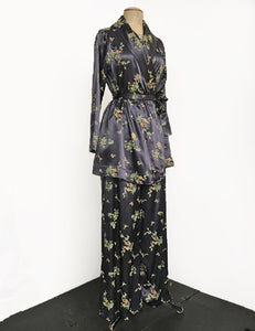 Stone Grey Printed Satin 1930s Style High Waisted Palazzo Pants