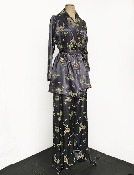 Stone Grey Printed Satin 1930s Style High Waisted Palazzo Pants