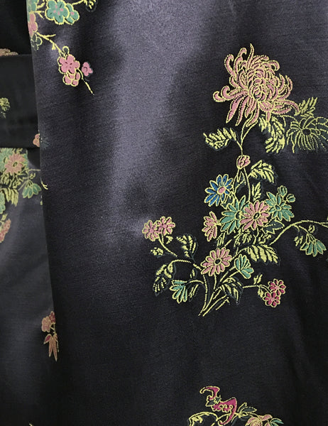 Stone Grey Printed Satin 1930s Style Shawl Collar Kimono Robe