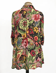 Colorful Gypsy Sheer Button Up Collared Hi-Low Blouse