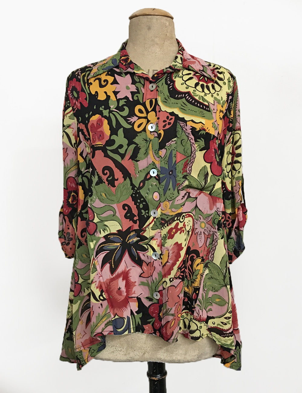 Colorful Gypsy Sheer Button Up Collared Hi-Low Blouse
