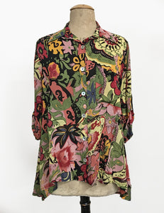 Colorful Gypsy Sheer Button Up Collared Hi-Low Blouse