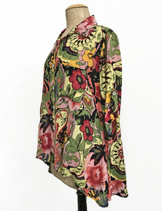 Colorful Gypsy Sheer Button Up Collared Hi-Low Blouse