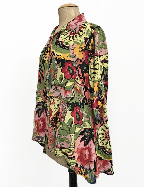 Colorful Gypsy Sheer Button Up Collared Hi-Low Blouse