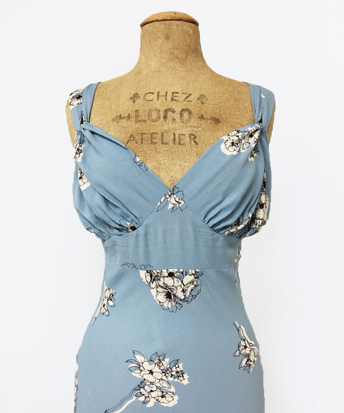 1930s Style Powder Blue Stencil Floral Harlow Slip Dress