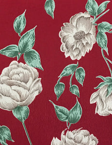 Red & Ivory Heirloom Rose Print 1940s Style Cascade Wrap Dress
