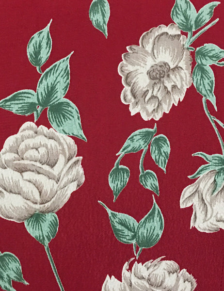 Red & Ivory Heirloom Rose Print 1940s Style Cascade Wrap Dress