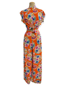 Orange Colorful Oil Cloth Print Button Up Tea Timer Top Top