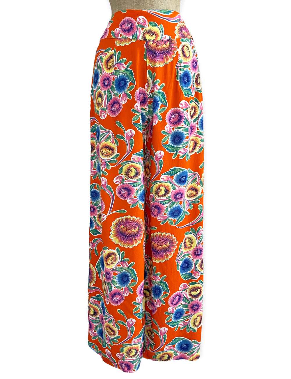 Orange Colorful Oil Cloth Print 1940s Style High Waisted Palazzo Pants