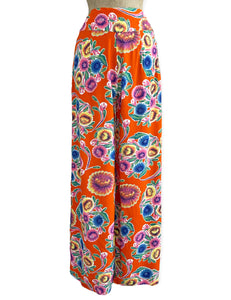 Orange Colorful Oil Cloth Print 1940s Style High Waisted Palazzo Pants