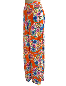 Orange Colorful Oil Cloth Print 1940s Style High Waisted Palazzo Pants