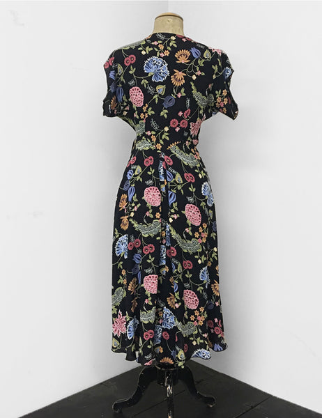 1940s Style Black & Colorful Indochine Print Cascade Wrap Dress