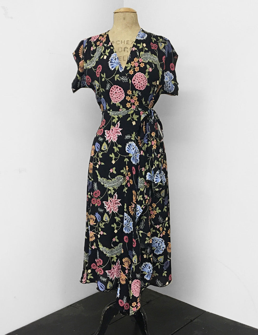 1940s Style Black & Colorful Indochine Print Cascade Wrap Dress