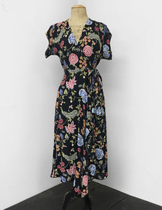 1940s Style Black & Colorful Indochine Print Cascade Wrap Dress
