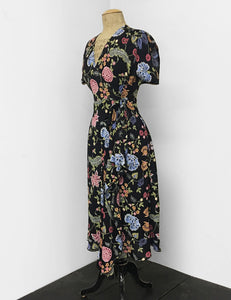 1940s Style Black & Colorful Indochine Print Cascade Wrap Dress