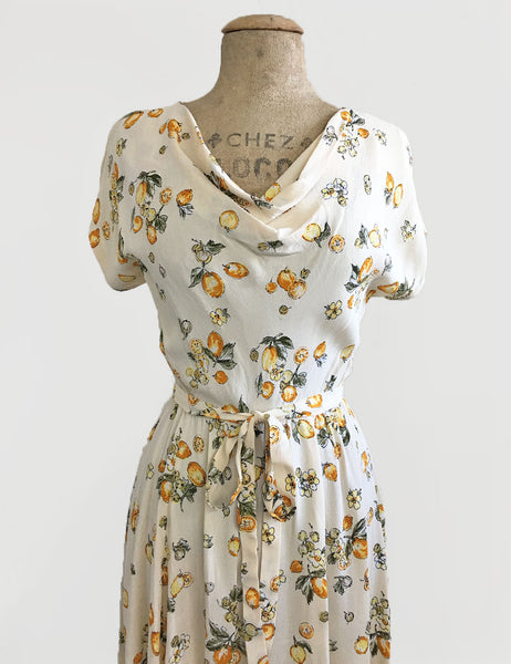 Vintage Style Ivory Lemon Print Megan Cowl Neck Dress