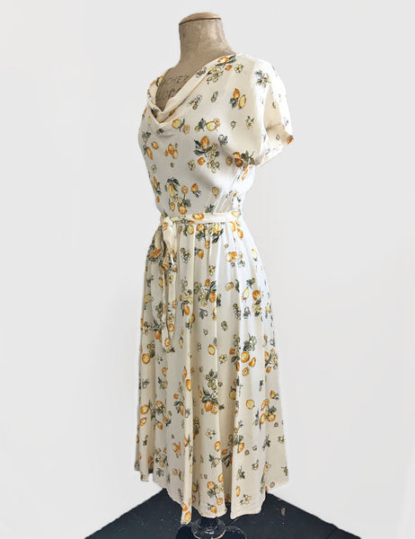 Vintage Style Ivory Lemon Print Megan Cowl Neck Dress