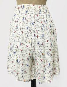 Ivory Nautical Sailboat Print High Waisted Retro Shorts
