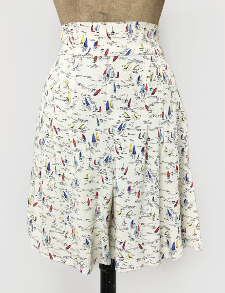 Ivory Nautical Sailboat Print High Waisted Retro Shorts