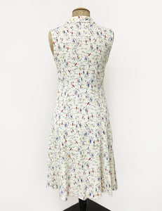 Ivory Nautical Sailboat Print Sleeveless Knee Length Vintage Dress