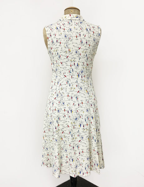 Ivory Nautical Sailboat Print Sleeveless Knee Length Vintage Dress