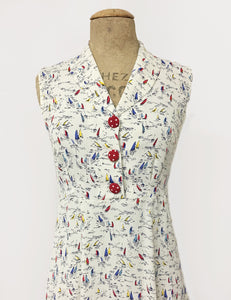 Ivory Nautical Sailboat Print Sleeveless Knee Length Vintage Dress