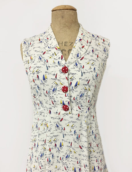 Ivory Nautical Sailboat Print Sleeveless Knee Length Vintage Dress
