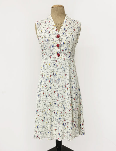 Ivory Nautical Sailboat Print Sleeveless Knee Length Vintage Dress