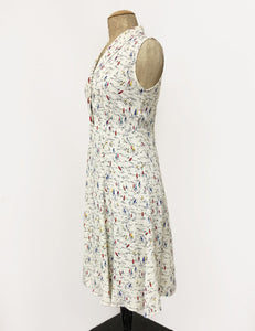 Ivory Nautical Sailboat Print Sleeveless Knee Length Vintage Dress