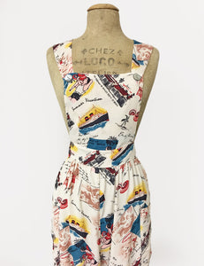 Vintage Ivory Postcard Print Retro Rosie 1940s Style Bib Overalls