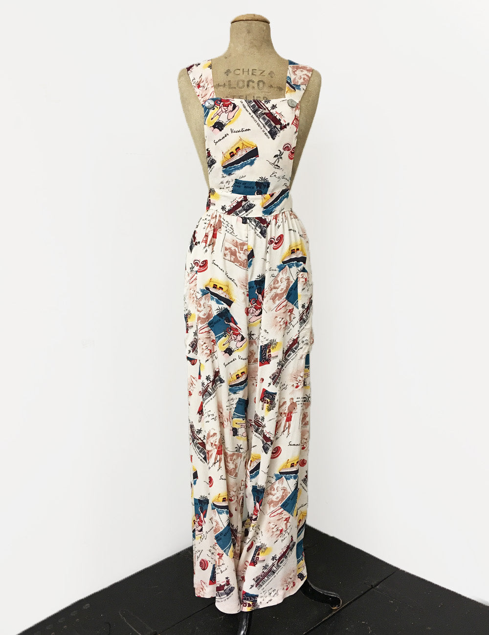 Vintage Ivory Postcard Print Retro Rosie 1940s Style Bib Overalls