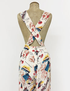 Vintage Ivory Postcard Print Retro Rosie 1940s Style Bib Overalls