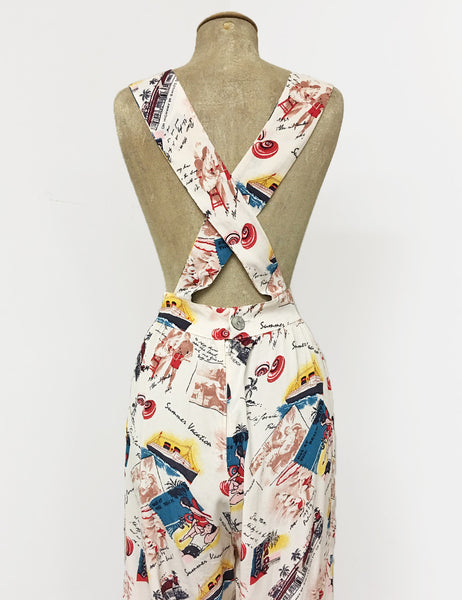 Vintage Ivory Postcard Print Retro Rosie 1940s Style Bib Overalls