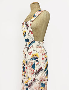 Vintage Ivory Postcard Print Retro Rosie 1940s Style Bib Overalls