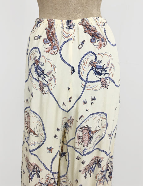 Ivory Vintage Western Print 1940s Style High Waisted Palazzo Pants