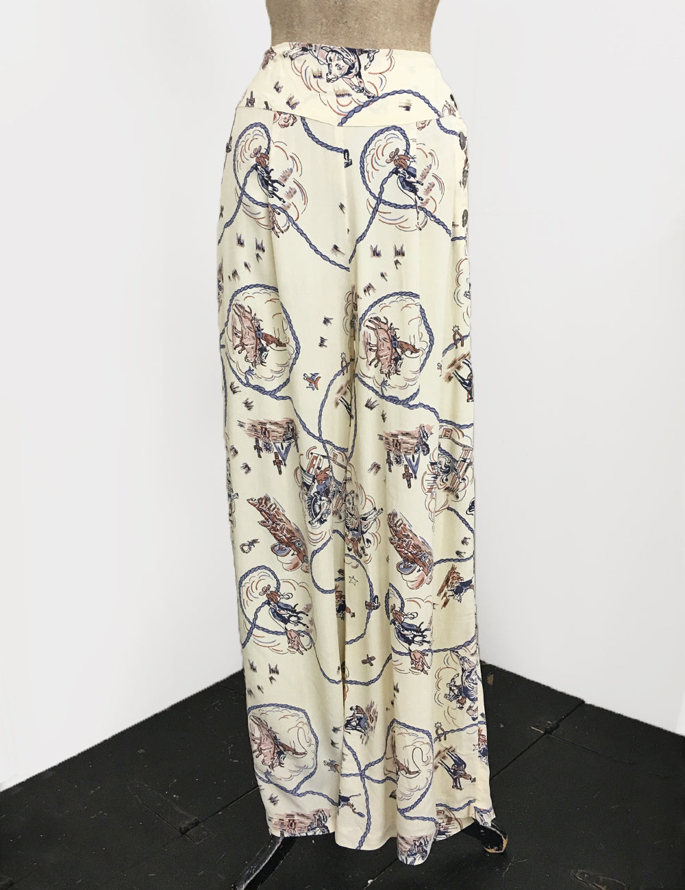 Ivory Vintage Western Print 1940s Style High Waisted Palazzo Pants