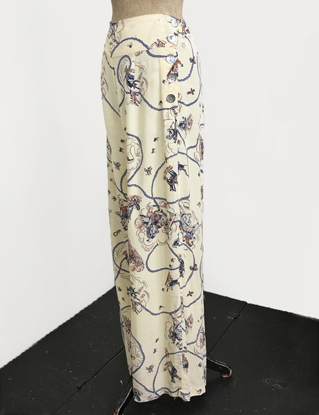 Ivory Vintage Western Print 1940s Style High Waisted Palazzo Pants