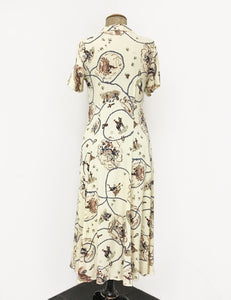 Ivory Vintage Western Print Short Sleeve Tea Length Vintage Day Dress