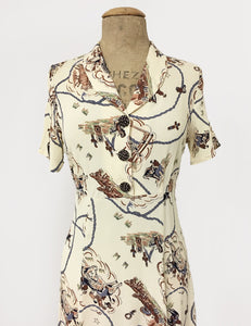 Ivory Vintage Western Print Short Sleeve Tea Length Vintage Day Dress