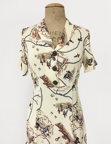 Ivory Vintage Western Print Short Sleeve Tea Length Vintage Day Dress