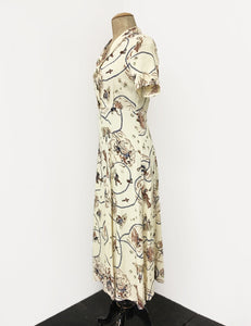 Ivory Vintage Western Print Short Sleeve Tea Length Vintage Day Dress