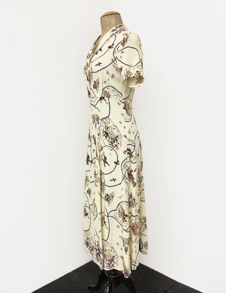 Ivory Vintage Western Print Short Sleeve Tea Length Vintage Day Dress