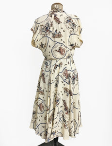 Ivory Vintage Western Print 1940s Style Marta Halter Dress