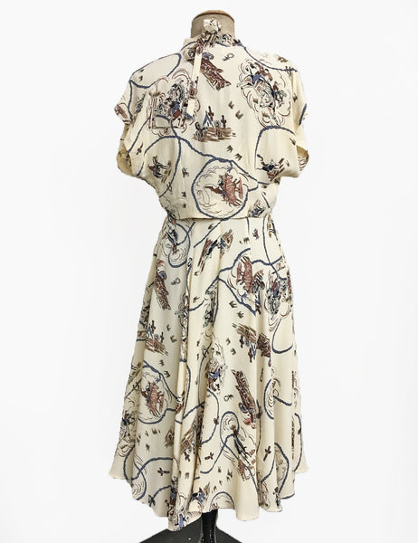 Ivory Vintage Western Print 1940s Style Marta Halter Dress