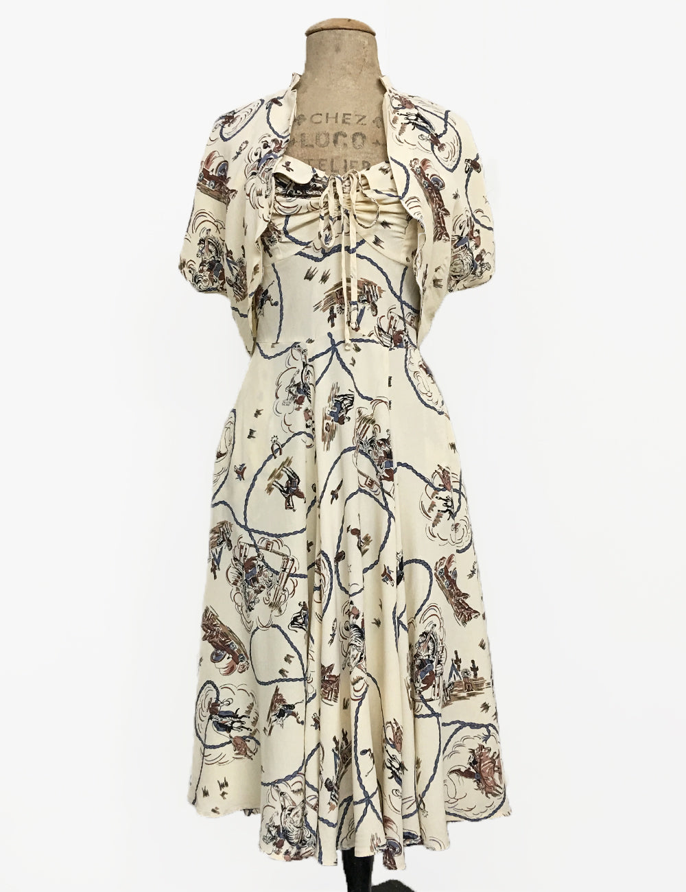 Ivory Vintage Western Print 1940s Style Marta Halter Dress