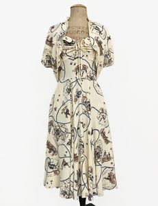 Ivory Vintage Western Print 1940s Style Marta Halter Dress